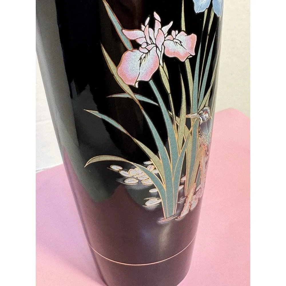 VTG Japanese  Vase Iris and Kingfisher Motif.  Black‎ Enamel Fast Shipping